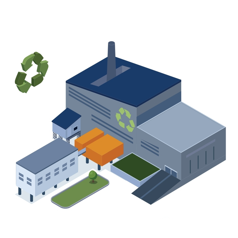 Recycling-themed factory complex with green recycling symbols and eco-friendly buildings