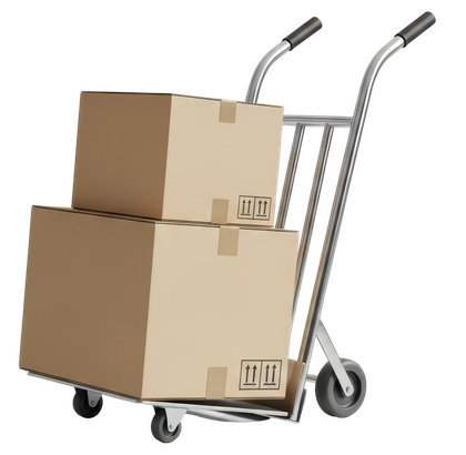 Two cardboard boxes stacked on a silver hand truck with black handles and wheels