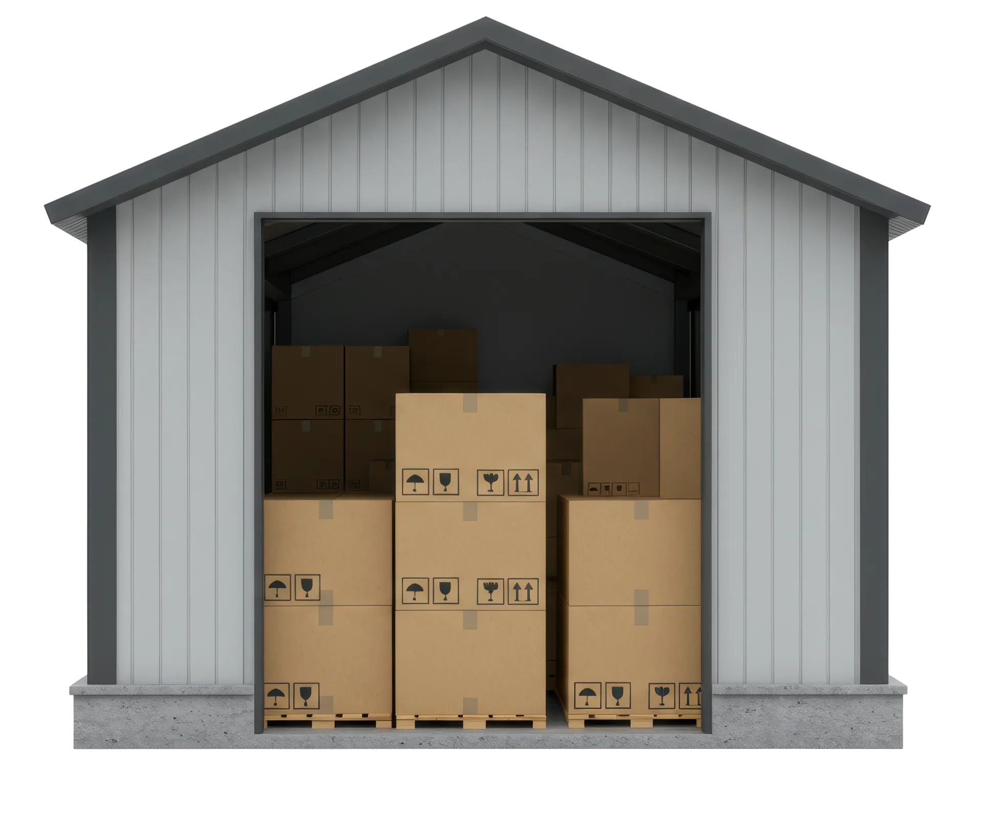 Open storage shed with stacked cardboard boxes inside