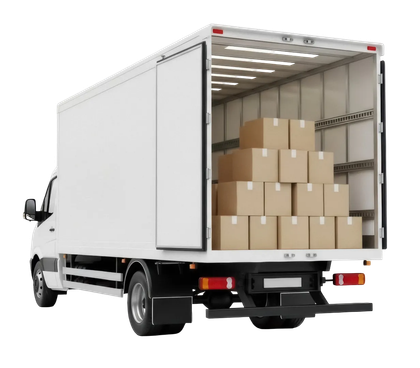 White delivery truck with open rear cargo door, loaded with stacked cardboard boxes