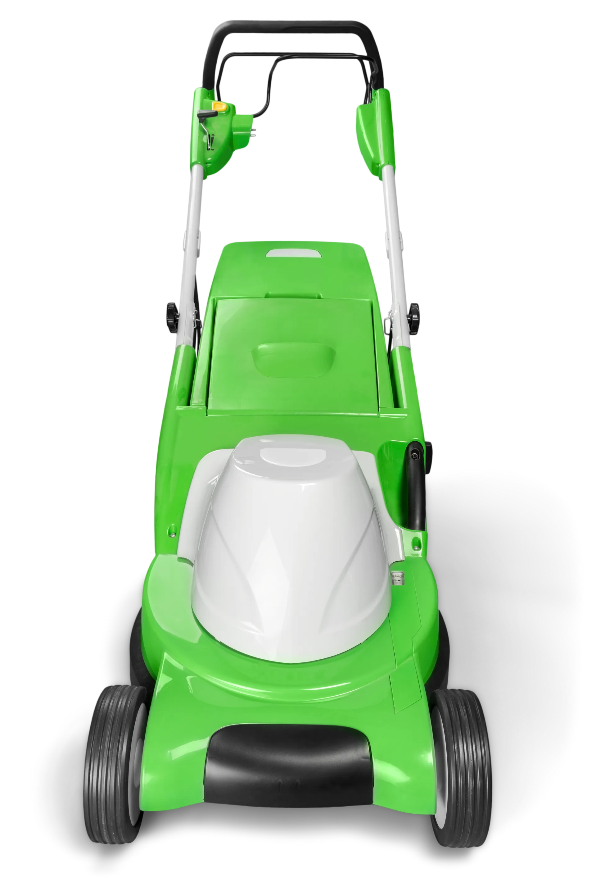 Green push lawn mower on a white background