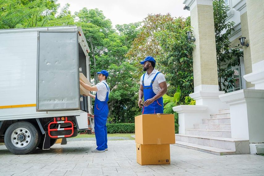 Movers unloading boxes from a truck outside a building with columns and trees.