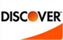 Discover logo in black with an orange curved corner on a white background