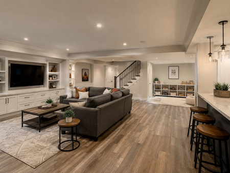 Modern open-plan living room with gray sectional, wall-mounted TV, staircase, and wood floors
