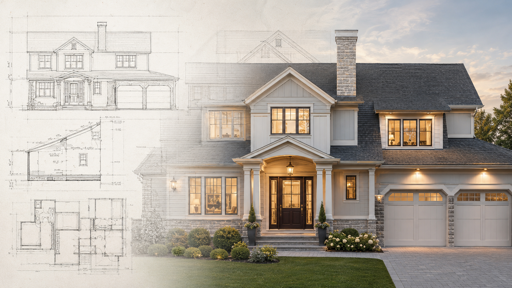 Luxury two-story house at dusk beside architectural blueprints and elevation sketches