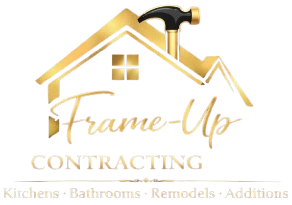 Gold house-and-hammer logo for Frame-Up Contracting, with kitchens, bathrooms, remodels, and additions text