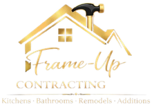 Gold house-and-hammer logo for Frame-Up Contracting, with kitchens, bathrooms, remodels, and additions text