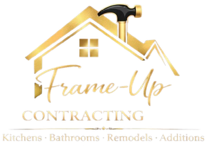 Gold house-and-hammer logo for Frame-Up Contracting, with kitchens, bathrooms, remodels, and additions text