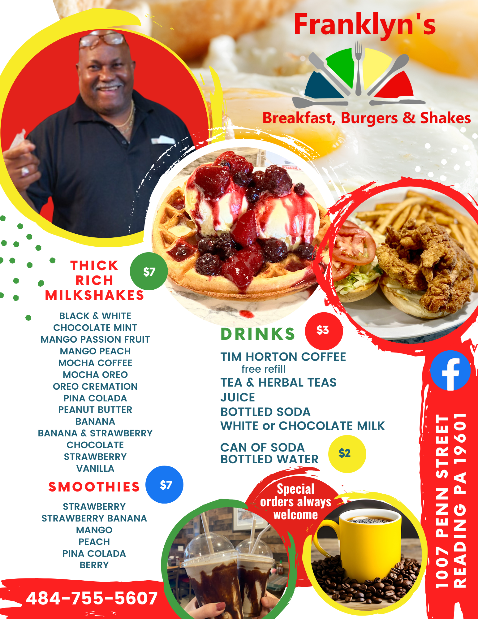 A menu for franklyn 's breakfast burgers and shakes