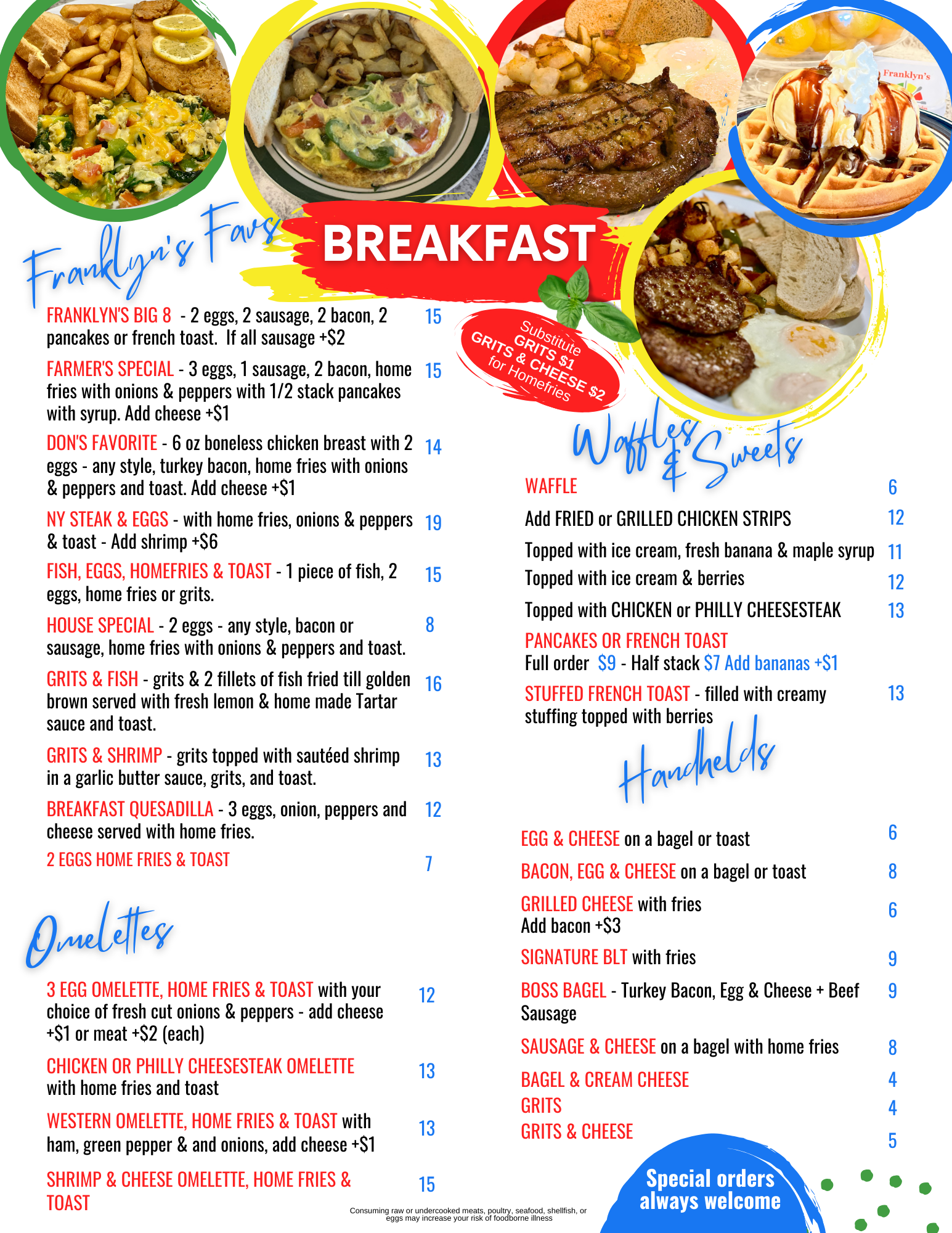 A menu for a restaurant shows a variety of breakfast foods.