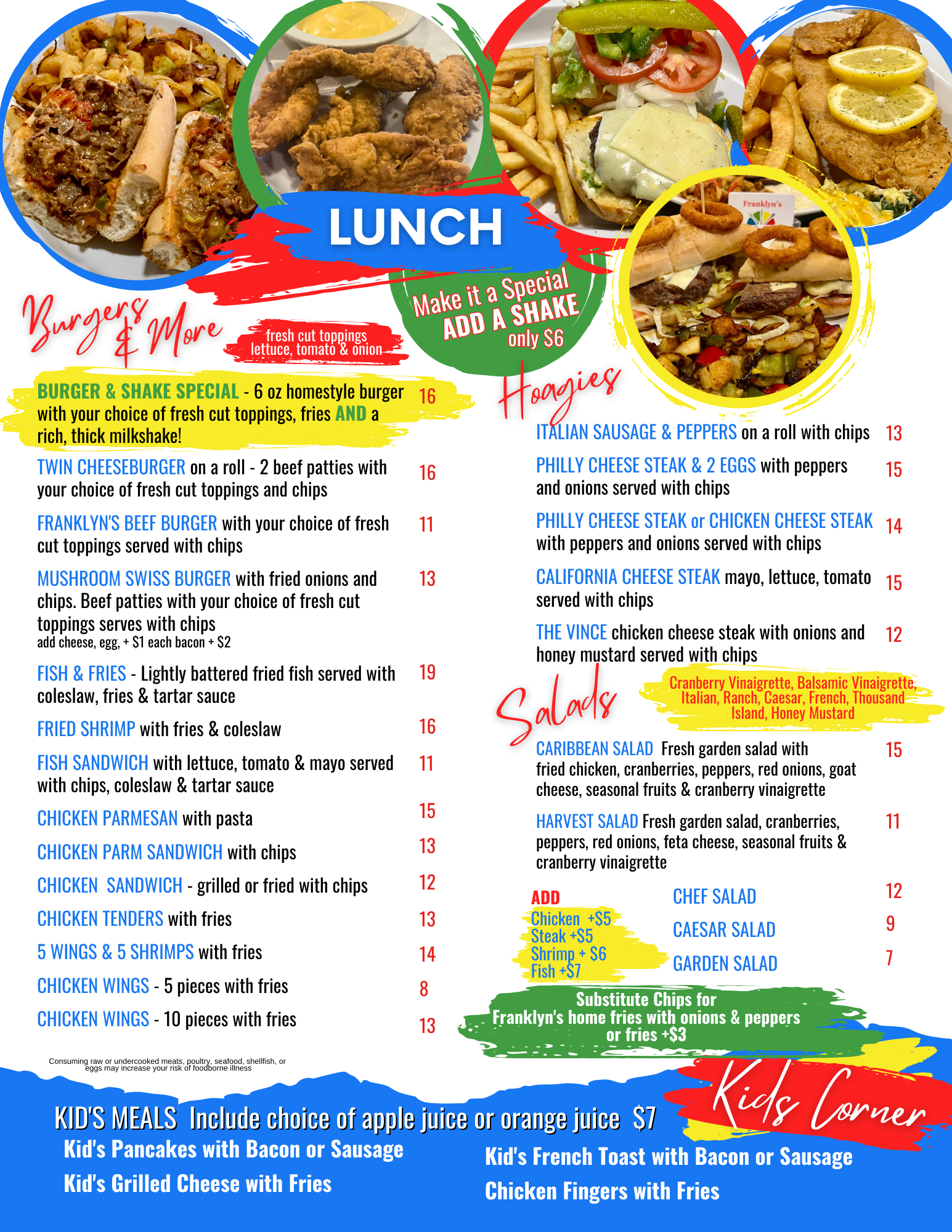 A menu for a restaurant with a variety of food on it.
