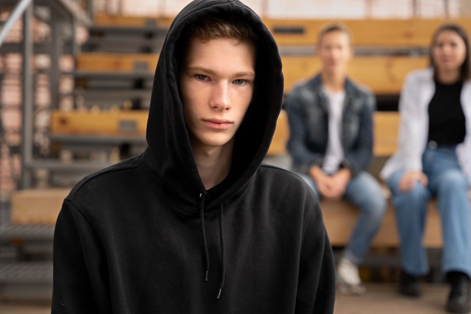 Teenager in a black hoodie stares at the viewer, two blurred figures in the background on bleachers. Juvenile Defense Law Attorney in Nashville, Tennessee