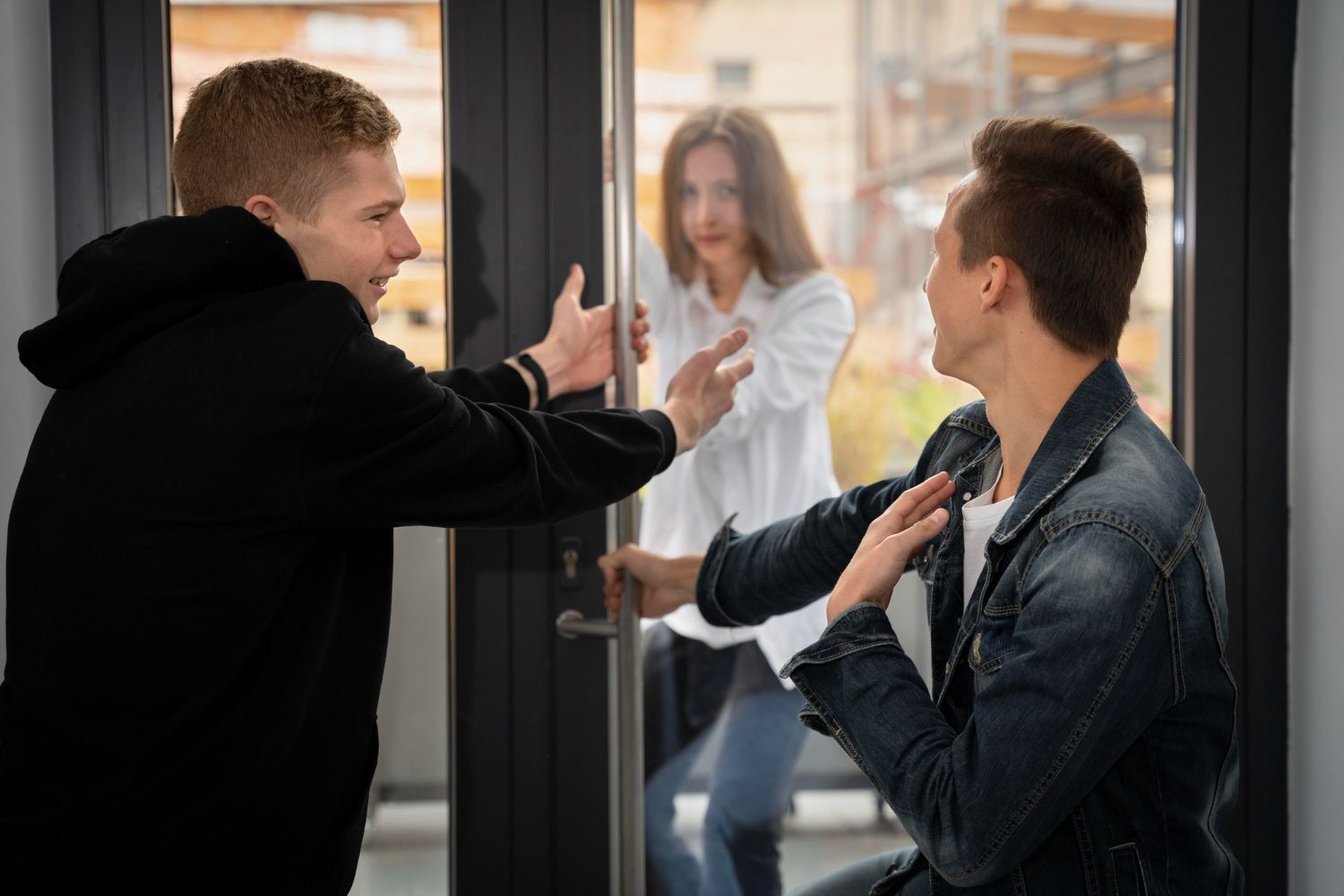Two men struggling at a glass door; a woman inside appears distressed. Stalking Law Attorney in Nashville, Tennessee