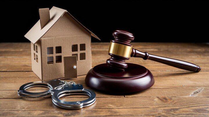 Cardboard house, gavel, and handcuffs on a wooden surface, symbolizing legal issues related to property. Theft of Property Law Attorney in Nashville Tennessee