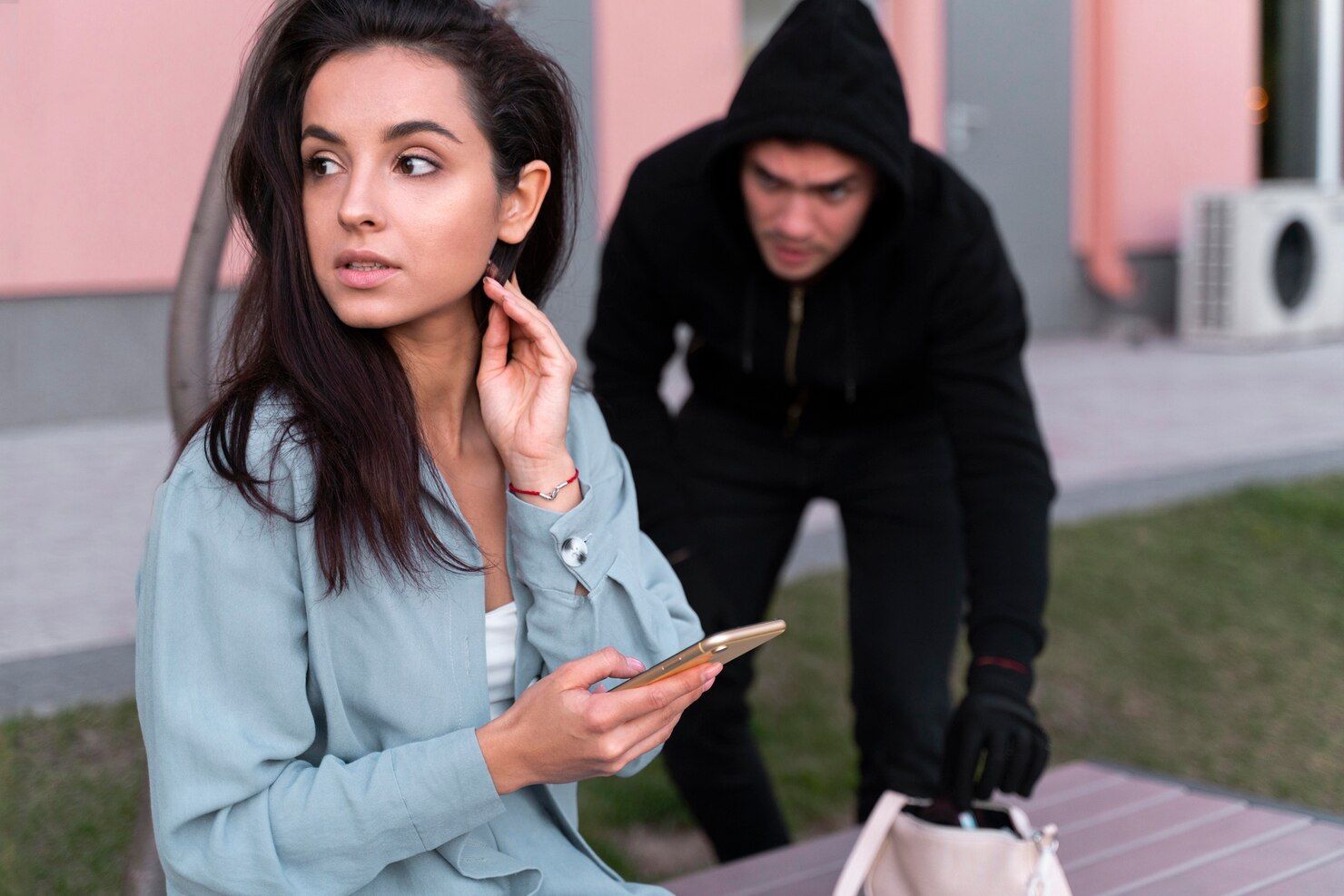 Woman seated outdoors, looking surprised, as person in black clothing reaches for her purse. Aggravated Robbery Law Attorney in Nashville Tennessee