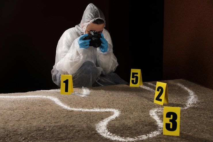 Forensic investigator in white suit photographs crime scene outline, marked with evidence placards. First Degree Murder Law Attorney in Nashville, Tennessee