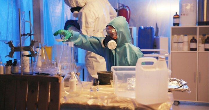 Two people in hazmat suits in a lab, one holding a beaker, surrounded by equipment. Drug Manufacturing Law Attorney in Nashville, Tennessee