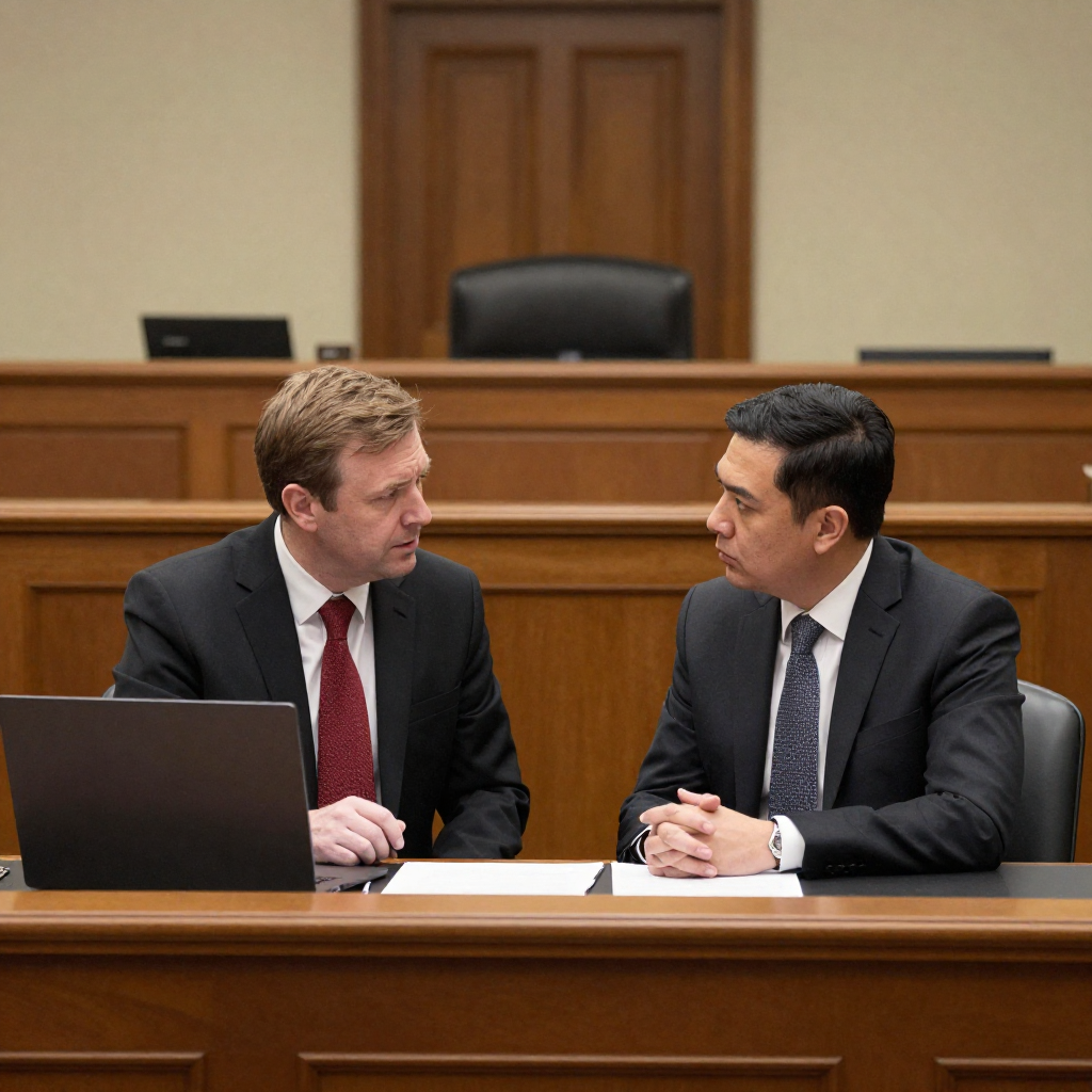 Two men in suits at a table in a courtroom, discussing documents. One looks at a laptop. Homicide/Murder Law Attorney
in Nashville, Tennessee