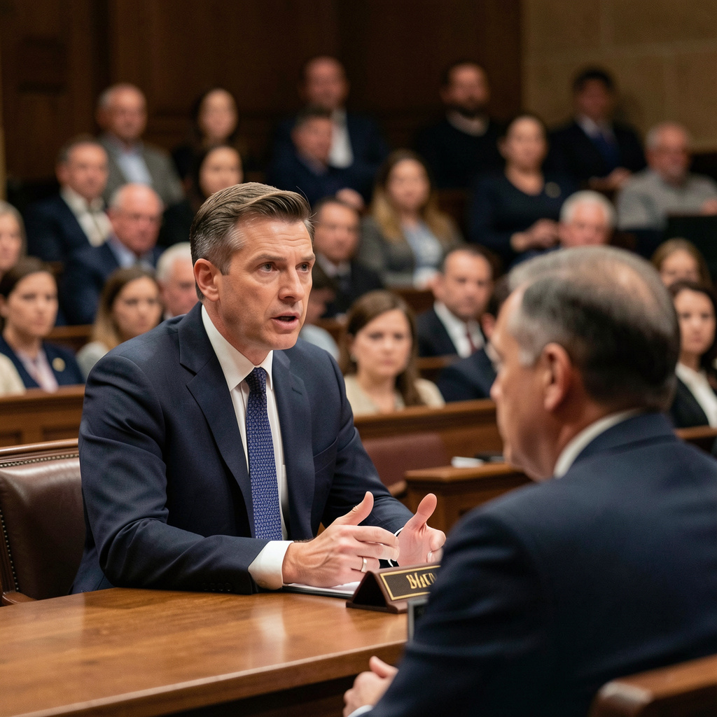 Man in suit speaks to another in a hearing room, others seated in the background. Homicide/Murder Law Attorney in Nashville, Tennessee