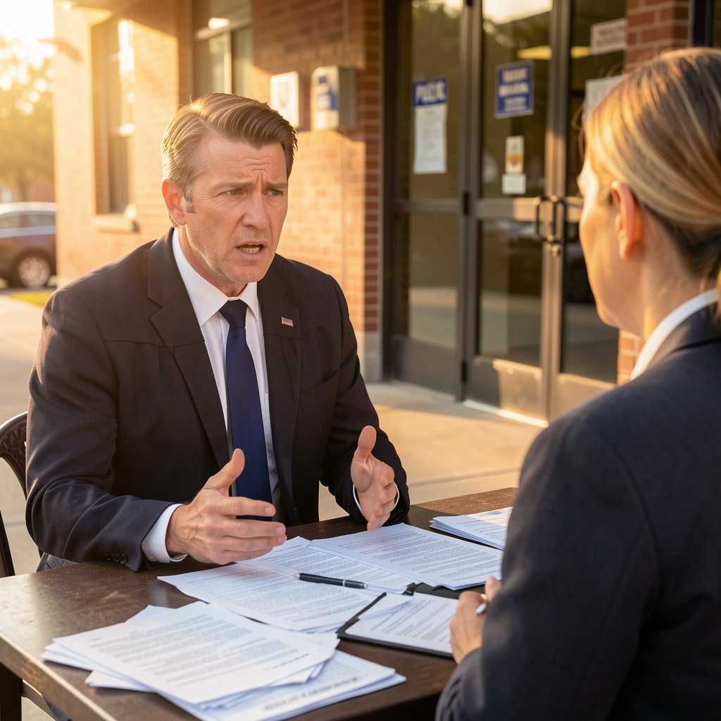 Man in suit gestures as he speaks to person seated across a table, documents between them, outside building. Reckless Endangerment Law Attorney in Nashville, Tennessee