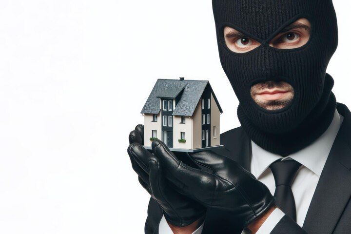 Person in black mask and gloves holding a miniature house, posing on white background. Theft of Property Law Attorney in Nashville Tennessee