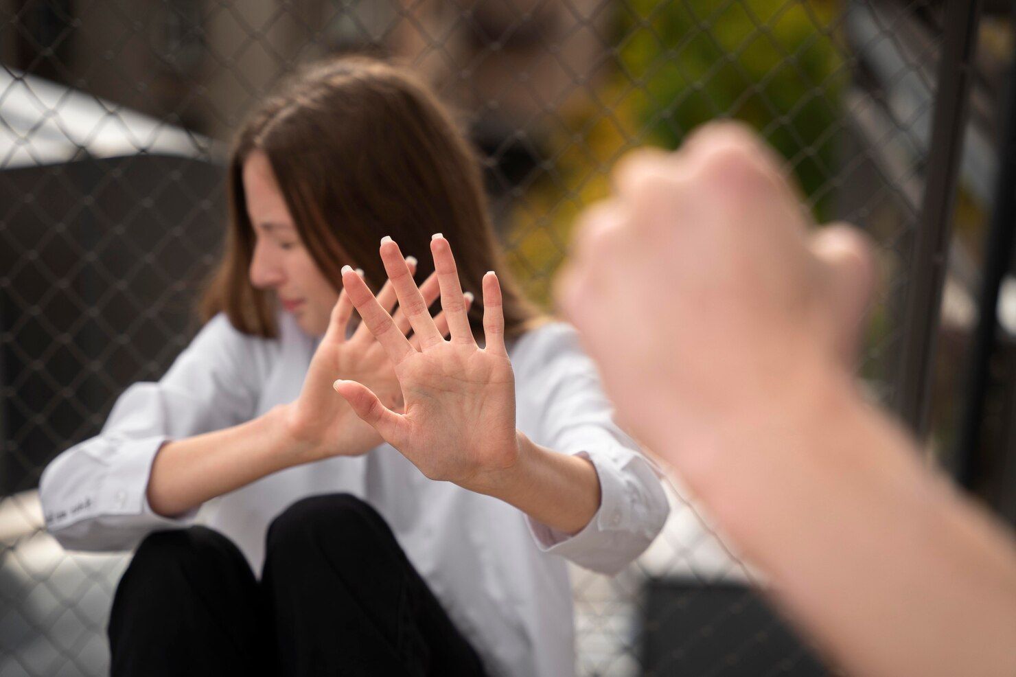 Woman putting hands up in defense with fist in foreground. Aggravated Assault Law Attorney in Nashville, Tennessee