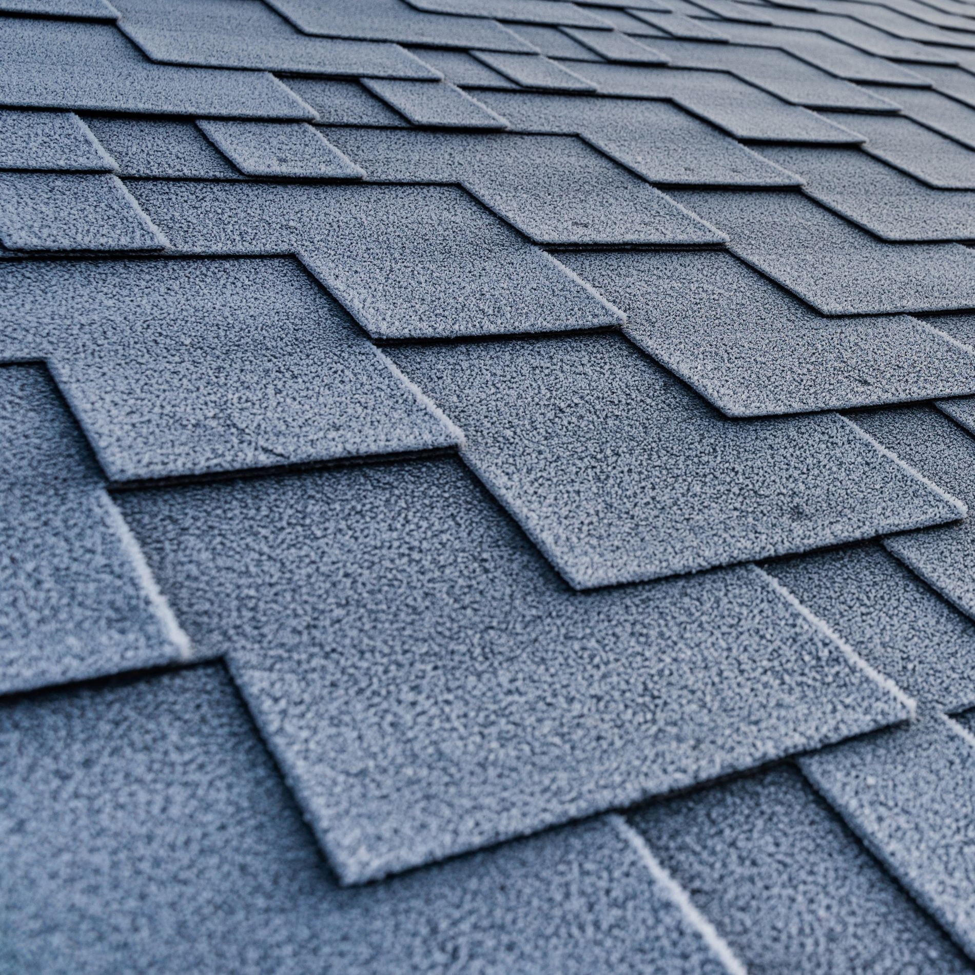 Close-up view of gray asphalt roof shingles, possibly covered in frost.