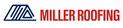 Logo for Miller Roofing, featuring a roof icon in blue and the text