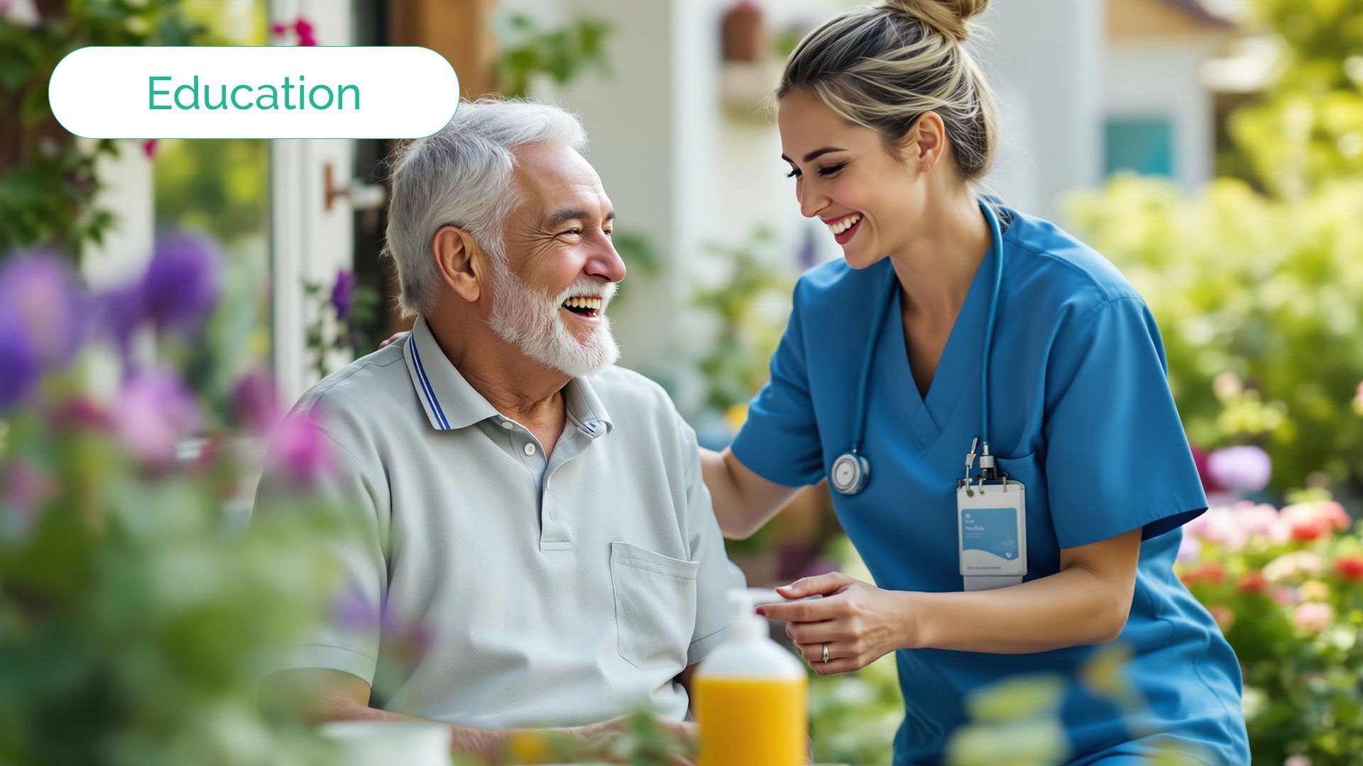 A healthcare worker smiles at an older adult outdoors, likely providing care or support.