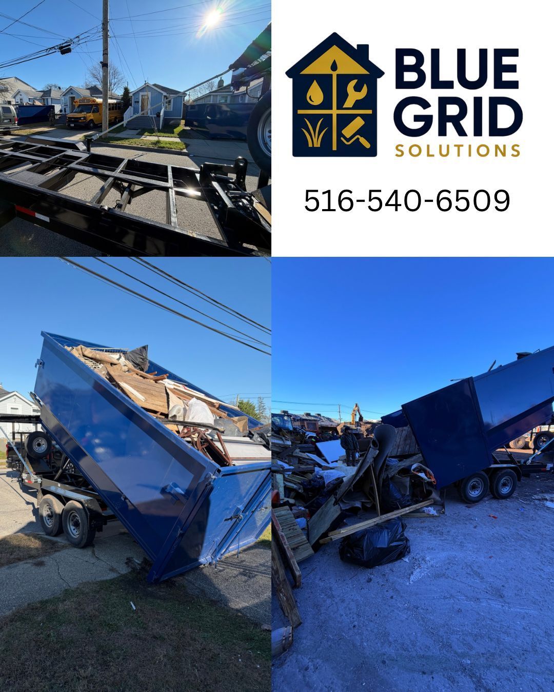 Damaged blue dump truck at a roadside crash scene beside Blue Grid Solutions logo and phone number.