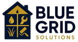 Logo: Blue house with interior icons (water drop, wrench, paint roller, grass) and "BLUE GRID SOLUTIONS" text.