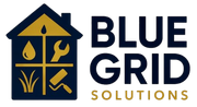 Logo: Blue house with interior icons (water drop, wrench, paint roller, grass) and "BLUE GRID SOLUTIONS" text.