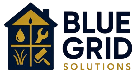 Logo: Blue house with interior icons (water drop, wrench, paint roller, grass) and "BLUE GRID SOLUTIONS" text.