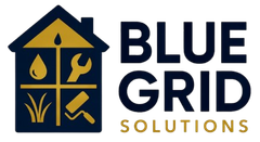 Logo: Blue house with interior icons (water drop, wrench, paint roller, grass) and "BLUE GRID SOLUTIONS" text.