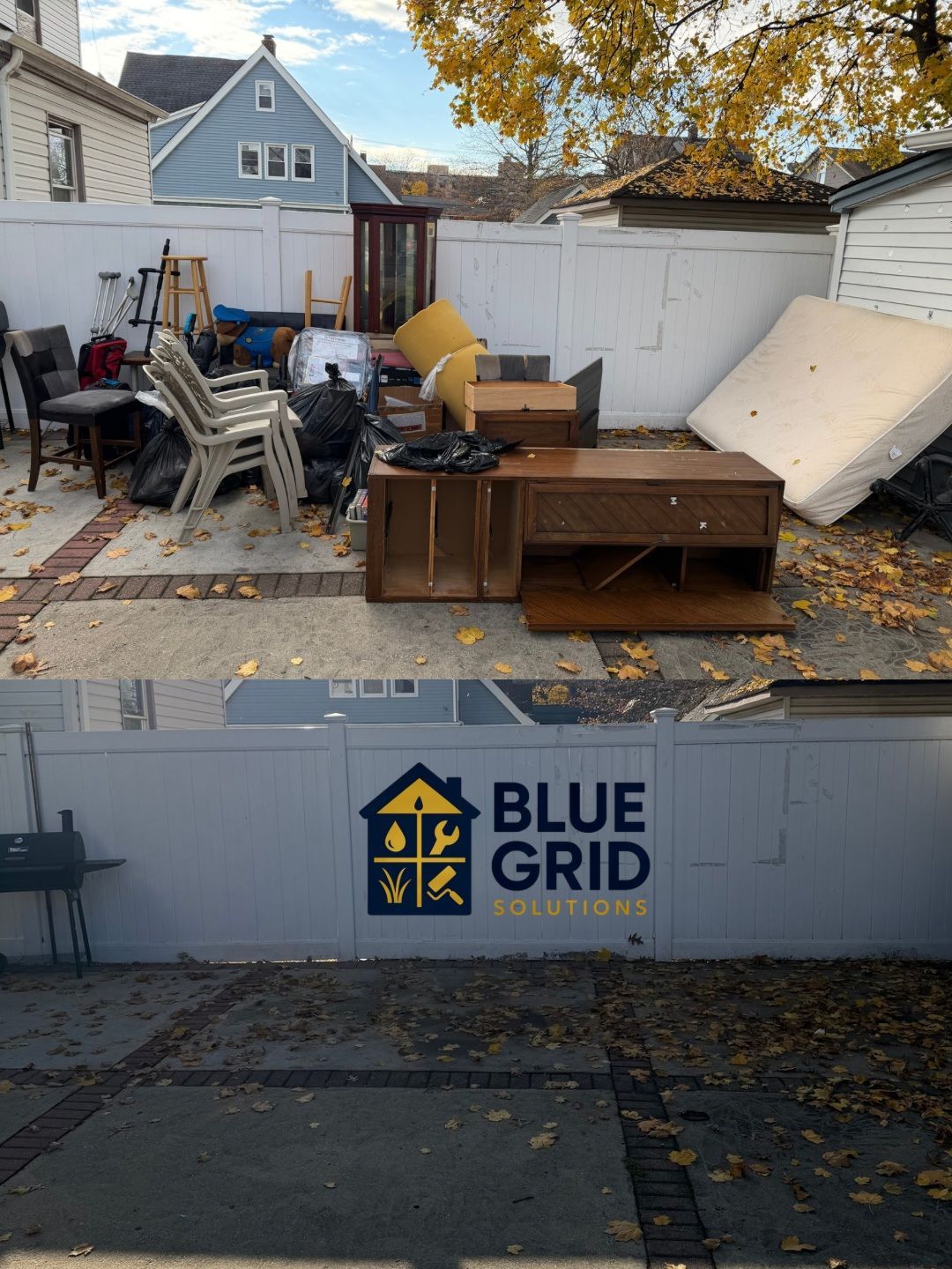 Backyard with debris, furniture, and a Blue Grid Solutions logo on a fence.