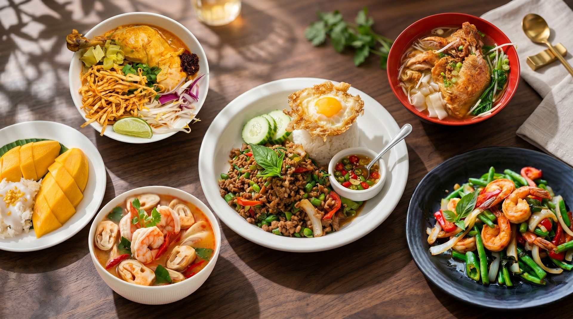 Assorted colorful Asian dishes on a wooden table, including noodles, rice, soup, seafood, and curry.