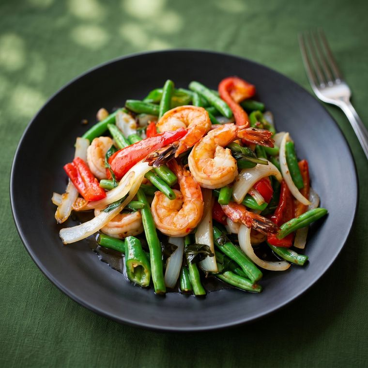 Shrimp and vegetable stir-fry on a black plate with a fork on a green cloth background