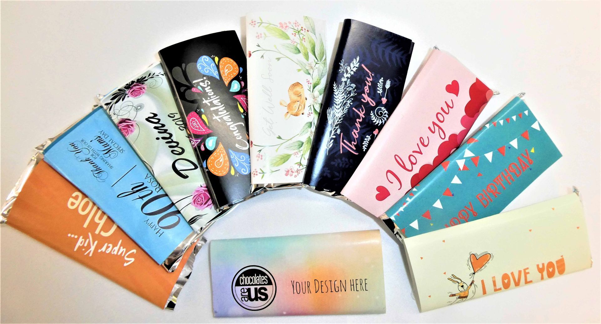 Blocks of chocolate with custom wrapping