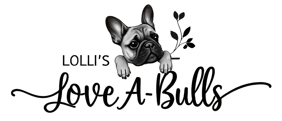Logo with black French bulldog and text “LOLLI’S Love-A-Bulls” on a white background