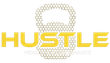 Yellow &ldquo;HUSTLE&rdquo; logo with a honeycomb-style kettlebell and faint &ldquo;HEALTH PERFORMANCE&rdquo; text