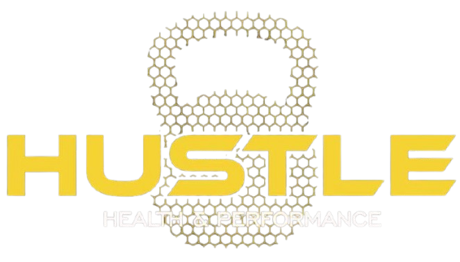 Yellow &ldquo;HUSTLE&rdquo; logo with a honeycomb-style kettlebell and faint &ldquo;HEALTH PERFORMANCE&rdquo; text