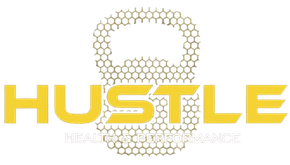 Yellow &ldquo;HUSTLE&rdquo; logo with a honeycomb-style kettlebell and faint &ldquo;HEALTH PERFORMANCE&rdquo; text
