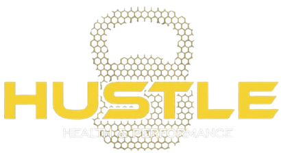 Yellow &ldquo;HUSTLE&rdquo; logo with a honeycomb-style kettlebell and faint &ldquo;HEALTH PERFORMANCE&rdquo; text