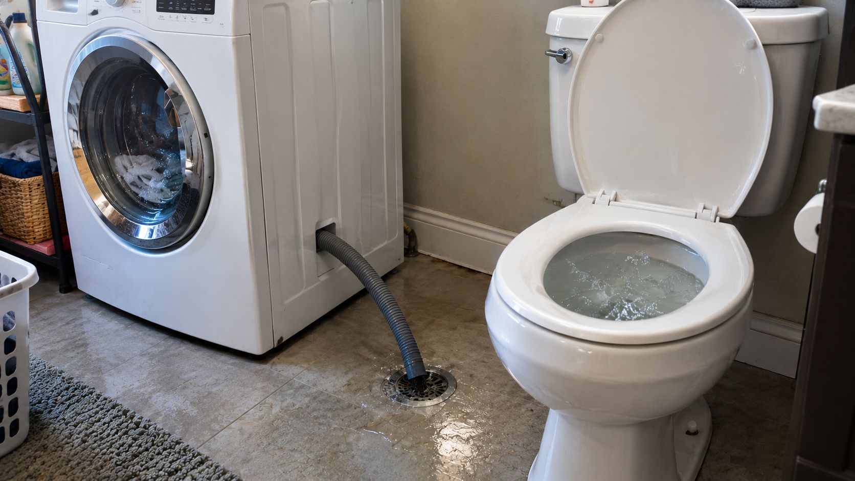Flooded laundry room with a washing machine, toilet, and water on the floor