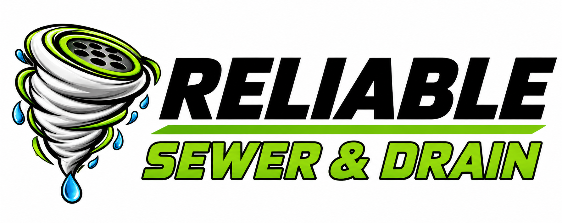 Reliable Sewer & Drain logo with green and black text and a cartoon drain snake icon