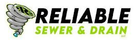 Reliable Sewer & Drain logo with green and black text and a cartoon drain snake icon