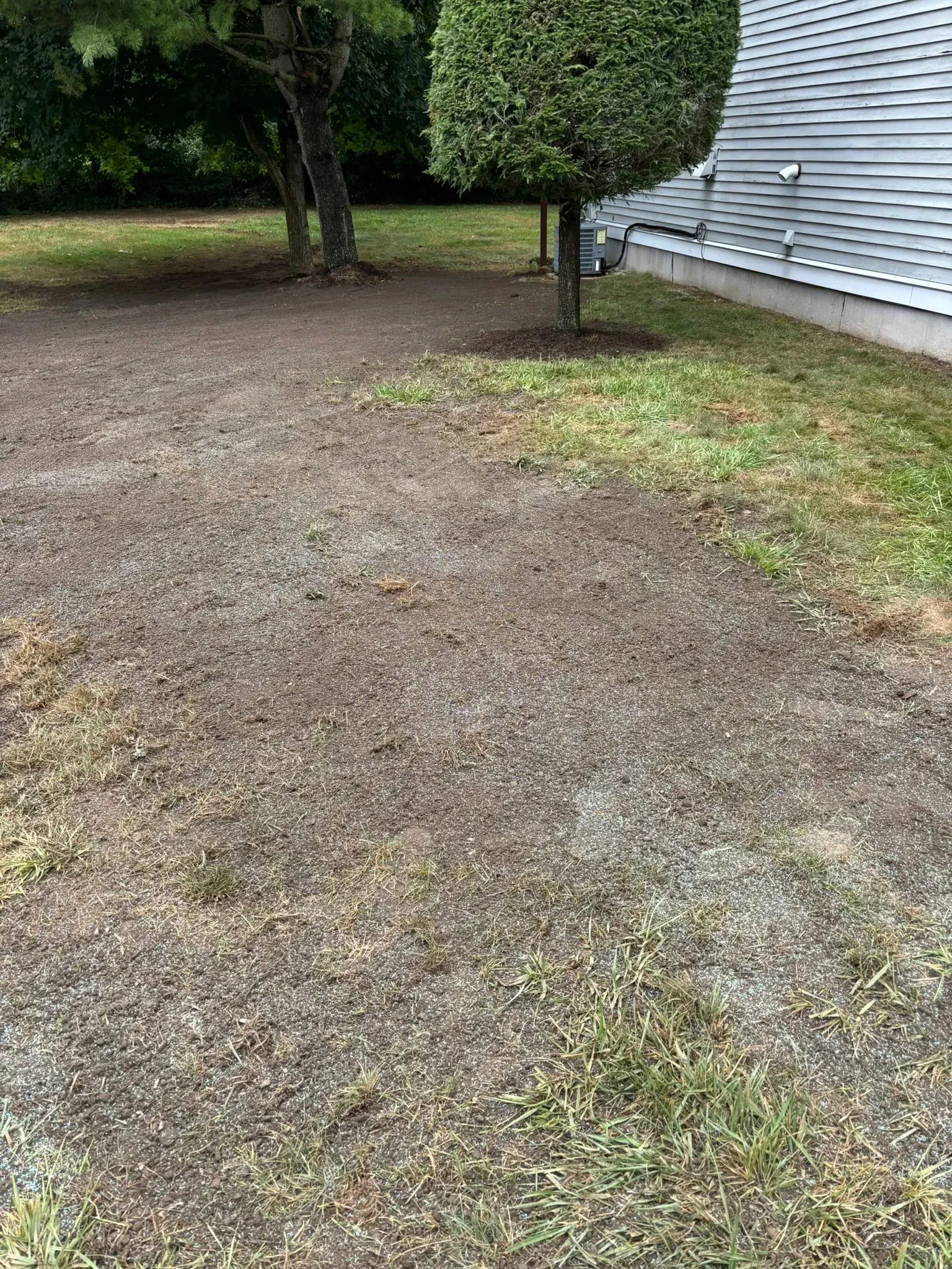 Gravel driveway beside a gray house, with trees and patchy grass in the yard.