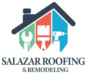 Logo for Salazar Roofing & Remodeling, featuring a house outline with tools in its center: wrench, brush, and drill.