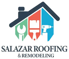 Logo for Salazar Roofing & Remodeling, featuring a house outline with tools in its center: wrench, brush, and drill.