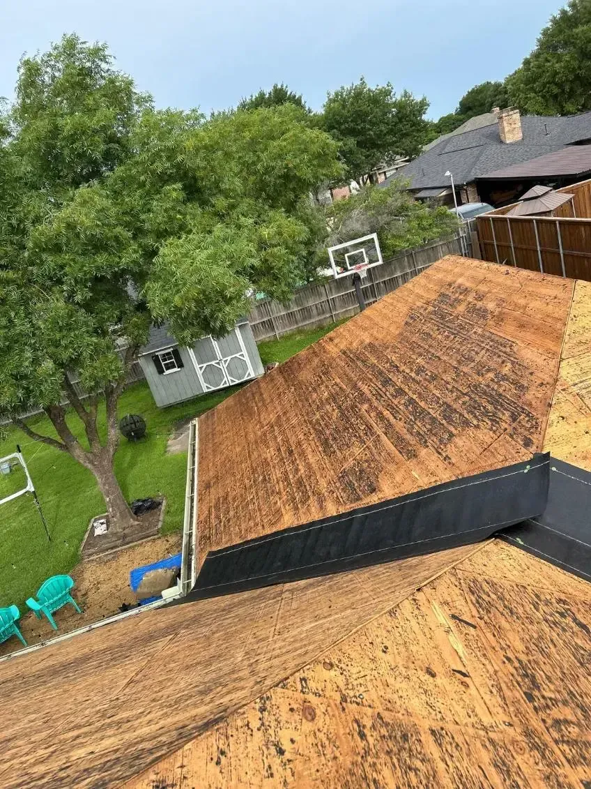 View of an exposed rooftop with dark stains, overlooking a yard with a tree and other houses.